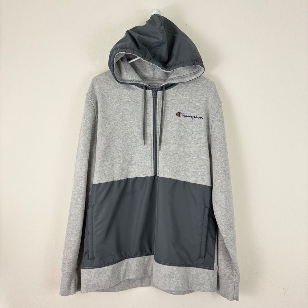 Champion Womens Gray Colorblock Quarter Zip Hoodie Fleece Pullover Large